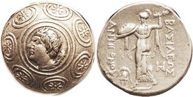 Antigonos Gonatas, 277-239 BC, Tet, Pan head left in Macedonian shield/Athena Alkidemos adv l, helmet & monogram in fields, S6783 (£300); EF/VF, well ...