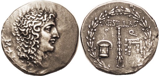 Aesillas, Quaestor, Tet, c. 90-75 BC, Alexander head r/Club, money-chest & chair...