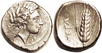 METAPONTUM , Stater, c.330-300 BC, Demeter head r/ grain ear, AY, Nike at right;...