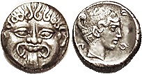 NEAPOLIS (Macedon) Hemidrachm, 424-350 BC, Facing Gorgoneion/nymph head r, lgnd ...