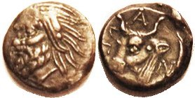 PANTIKAPAION , Æ17, 4th cent BC, Pan head l/head & neck of bull l., S1699; VF, nrly centered, area of weak strike on Pan's forehead & bull's nose; smo...