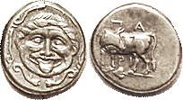 PARION , Hemidrachm, 350-300 BC, Gorgoneion facg/bull stg l, looking back, ivy l...