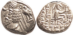 Phraates IV, 54.14 but unlisted variety with no eagle on rev; VF+, nrly centered...