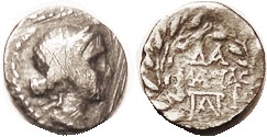 PATRAI , Triobol, 146-32 BC, Aphrodite head r/Lgnd & monogram in wreath, S2963; F/AF, centered, darkish tone, many scratches, rev weakish. Not great, ...