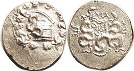 PERGAMON , Cistophoric Tet., after 133 BC, Cista mystica & snake in wreath/bowcase betw snakes, MA above, as S3948; Practically Mint State with bright...