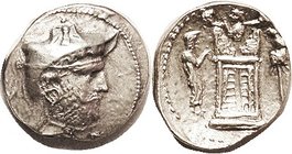 PERSIS, Autophradates (Vadfradad) II, 2nd cent BC, Tet , Head r wearing kyrbasia & diadem/ Fire temple betw king & standard, above half-figure of Ahur...