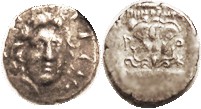 RHODES , Hemidrachm, 167-88 BC, Helios hd 3/4 rt/Rose in incuse square, magistrate Menodoros, star, as S5065; VF, a touch off-ctr but complete, teensy...