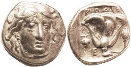 Didrachm, 387-304 BC, Helios hd facg sl rt/rose, grape bunch at left, E, S5037 (£300); VF, obv well centered, rev sl off-ctr, good metal, minor cruden...