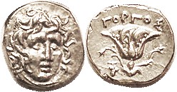 Pseudo-Rhodian Macedonian issue of Perseus, 179-168 BC, Drachm, Helios head sl rt/ Rose, grape bunch, Magistrate GORGOS; Mint State , centered, well s...