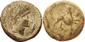SPAIN , CASTULO, Æ26+, 120-20 BC, Diademed head r, with hand/Sphinx r, star in field; VF/AVF, slate green patina with strong whiteish hilighting, exce...