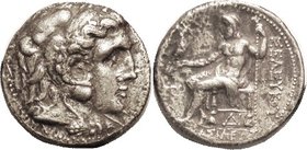 SYRIA , Seleukos I, 312-280 BC, Tet, Herakles head r/Zeus std l, monogram at left, Delta-I below seat, S6829, SC-117(1)c; VF, obv well centered, rev n...