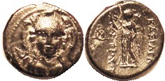 Antiochos I, 280-261 BC, Æ14, Facing Athena head/Nike stg l, monogram M in circle left, S6883; VF, nrly centered, glossy dark patina, clear face on At...