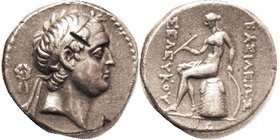 Seleukos IV, 187-175 BC, Tet, Head rt/wreath behind/ Zeus std l on omphalos, monogram below appears to be plain "O"; as S6966 (£300); VF, well centere...