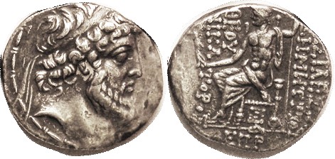 Demetrios II, 2nd reign, 129-125 BC, Bearded Bust r/Zeus std l, below date E-Pi-...