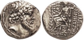 Demetrios II, 2nd reign, 129-125 BC, Bearded Bust r/Zeus std l, below date E-Pi-R = 185 = 128/7 BC, S7103 (£375); VF, obv sl off-ctr, sl surface fault...