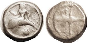 TARENTUM , stater, 500-473 BC, Taras on dolphin left, scallop shell below, lgnd at rt, all in ring/ 4-spoke wheel, dolphin (?) in one quarter, sim S22...