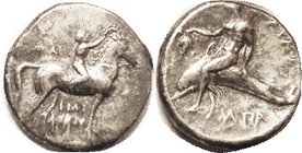 Nomos, 302-2380 BC, Rider crowning horse r/Phalanthos on dolphin left, hldg grape bunch, Vlas.673; VF, good centering with only top of rev head off, l...