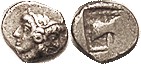 TENEDOS, hemibol (.42 gm), 5th cent BC, Janiform heads of Zeus & Hera/double axe in square, VF, obv sl off-ctr but faces clear, rev flatly struck at r...