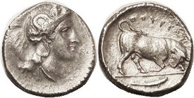 THURIUM , Stater 350-281 BC, Athena head r, Skylla on helmet/Bull butting r, tunny fish below; AVF, broad flan, decent centering for this with bull fu...