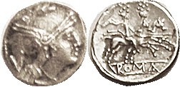 Quinarius, 44/6, Sy.141, Roma head r/Dioscuri on horses r; VF-EF/EF, centered, hint of porosity on obv, sl uneven tone on rev; strong details. (A VF+ ...