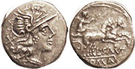 L Saufeius, 204/1, Sy.384, Roma head r/Victory in biga r; EF/VF, centered, sharp detail, mild porosity under moderate toning. (A GVF realized $280, CN...