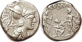 Ti. Veturius, 234/1, Sy.527, Roma head r/Youth kneeling betw warriors; AEF/VF, well centered on sl ragged flan, excellent bright metal. Nice quality f...