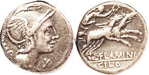 L. Flaminius Chilo, 302/1, Sy.540a, Roma head r/Victory in biga r, AVF, just a t...