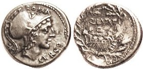 Q. Lutatius Cerco, 305/1, Sy.559, Mars head r/galley in wreath, AEF/VF, nrly centered, obv sharply struck with unusually strong detail on head, rev ha...