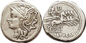 L. Appuleius Saturninus, 317/3a, Sy.578; Roma head l./ Jupiter in quadriga r, D & pellet above; VF, obv well centered, rev sl off-ctr, bold strike, go...