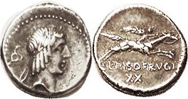 L. Piso Frugi, 340/1, Sy.663, Apollo head r, curled snake behind/horseman r, XX below; VF/AEF, obv centered sl low, rev well centered; quite well stru...