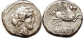 Q. Titius, 341/2, Sy.692, Bacchus head r/Pegasus, name on tablet below; VF, obv nrly centered, rev well centered, on sl narrow flan, good metal with l...