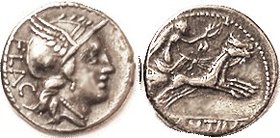 L. Rutilius Flaccus, 387/1, Sy.780, Roma head r/Victory in biga r; VF+/VF, obv well centered, rev sl off-ctr; good metal, deeply toned. Obv particular...