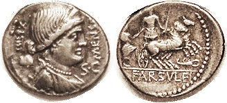 L. Farsuleius Mensor, 392/1a, Sy789a, Libertas head r/ Roma in biga helping citi...
