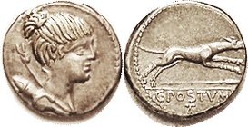 C. Postumius, 394/1, Sy.785, Diana head r/hound racing rt; EF, obv well centered, rev nrly so; excellent metal with lt tone; strong hair detail on Dia...