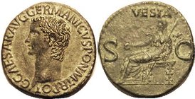 CALIGULA , As, VESTA std l; Choice EF, centered, full sharp lgnds, dark green patina with paler green hilighting; only a trace of roughness on rev; su...