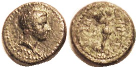 BRITANNICUS, Smyrna, Æ16, head rt/Nike adv r, F+, well centered, dark greenish patina, sl roughess mainly on rev, obv nice with a bold strong portrait...