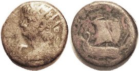 Egypt, Tet, Bust left, Year 13/ Galley ; overall F, no obv lgnd & little on rev, silver-grey, traces of maroon on rev, portrait actually has much deta...