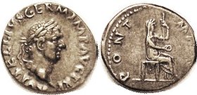 VITELLIUS , Den, PONT MAXIM, Vesta stg r; AEF/VF, obv nrly centered with sl lgnd crowding, rev sl off-ctr with lgnd fading out at rt; quite good metal...