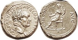 VESPASIAN , Den, CONCORDIA AVG, Concordia std l., star below, Ephesos Mint; EF, obv sl off-ctr with a little of lgnd partly off, rev nrly centered wit...
