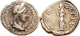 SABINA , Den, PVDICITIA stg l; Choice VF+, centered on a sl egg-shaped flan, good strike, nice metal with pleasant tone. Strong detail on portrait & P...