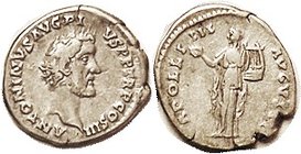 ANTONINUS PIUS , Den, Bare head r/APPOLLINI AVGVSTO, Apollo stg l, with lyre; Nice F-VF, nrly centered on sl ragged flan, excellent metal with nice to...