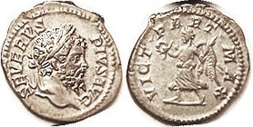 SEPTIMIUS SEVERUS , Den, VICT PART MAX, Victory adv l; AEF, centered on large sl ragged flan; well struck; good metal with luster & lt tone. Nice. (An...