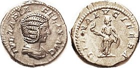 JULIA DOMNA , Den, DIANA LVCIFERA, Diana stg l, with torch; EF/VF, obv well centered, rev sl off-ctr but complete; good metal with lt tone; sharp hair...