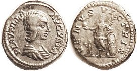 PLAUTILLA , Den, VENVS VICTRIX, Venus stg l, with shield decorated with wolf & twins (rare variety); small figure of Cupid; F-VF, centered, decent met...