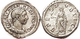 SEVERUS ALEXANDER , Den, SPES PVBLICA, Spes adv l; Choice EF, centered, strong bold strike, luster & some iridescent toning. (An EF brought $368, CNG ...