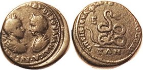 SEVERUS ALEXANDER & Julia Maesa , Marcianopolis Æ27, busts face-to-face/coiled serpent; F, somewhat off-ctr, partial lgnds, smooth dark green-brown pa...
