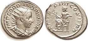 GORDIAN III , Ant, PM TRP IIII COS II PP, Apollo std l; VF, obv nrly centered, rev sl off-ctr with lgnd wk at left; good metal with lt tone & hint of ...