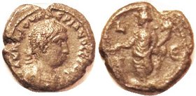 VALERIAN I , Egypt Tet, Year E, Tyche stg l; VF/F-VF, irregular flan, steel-brown patina, thick & a bit crusty mainly on rev; most of obv lgnd clear; ...