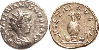 VALERIAN II , Ant, PIETAS AVGG, Sacrificial thingamajigs, VF, well centered, ful...