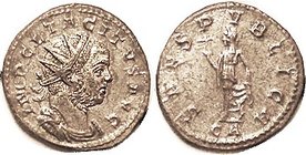 TACITUS , Ant, SPES PVBLICA, Spes stg l; EF, well centered & struck, lustrous silvering with lt toning, very sl speckly. Very sharp pensive looking po...